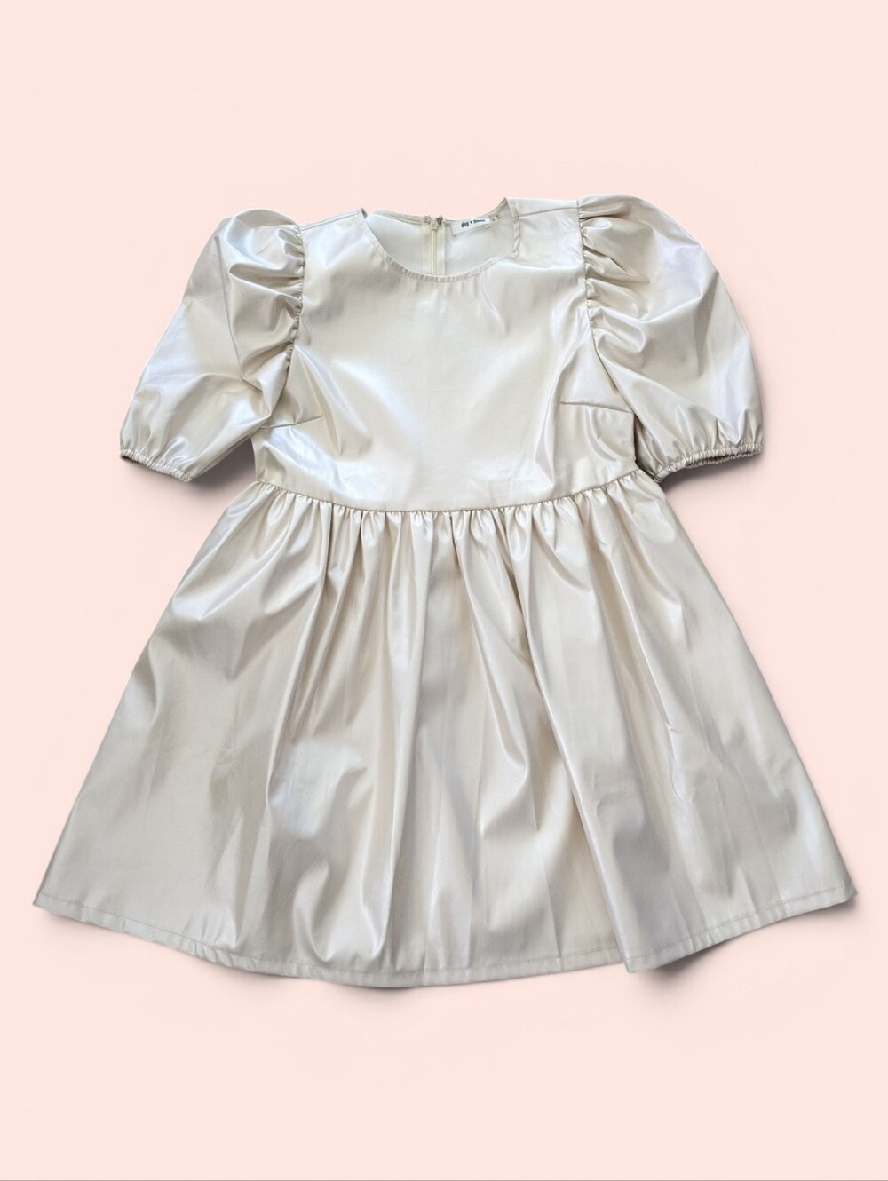DAY + MOON faux leather dress in‎ Ivory With An Iridescent Sheen Puff Sleeve